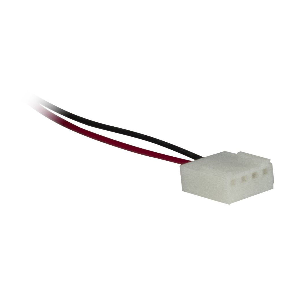 Un connecteur blanc avec trois fils : rouge, noir et blanc. Le connecteur a une petite ouverture.