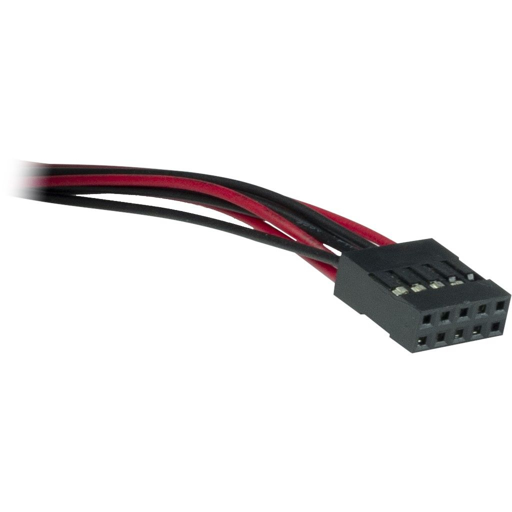 Un connecteur noir avec des fils rouges et noirs. Le connecteur a des petits trous pour les broches.