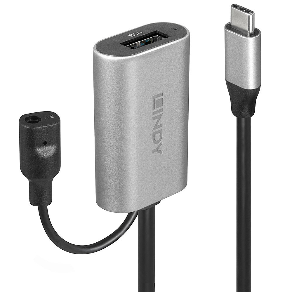 Ein silberner USB-C-Adapter mit USB-Anschluss, Kopfhöreranschluss und USB-C-Kabel.