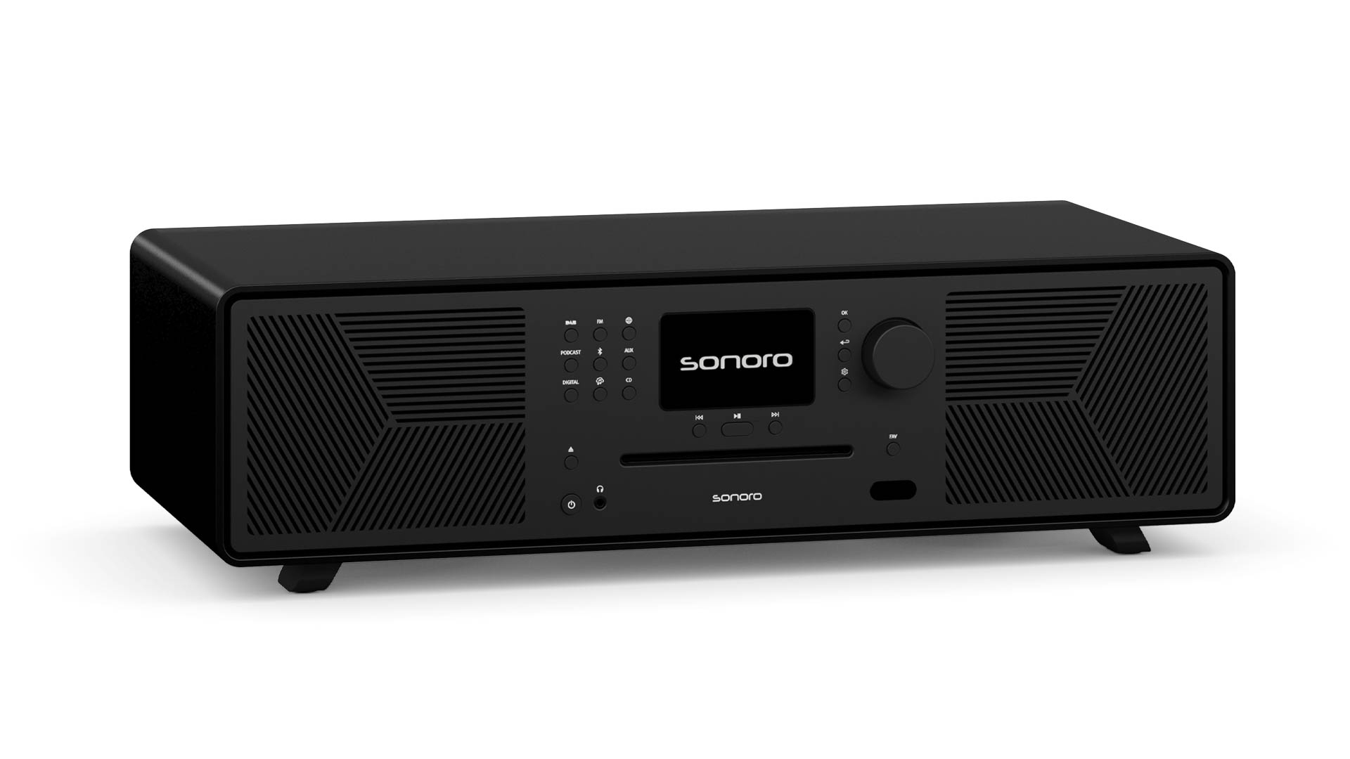 Schwarzes Sonoro-Radio mit Knöpfen, Bildschirm und Lautsprechern. Weißer Hintergrund.