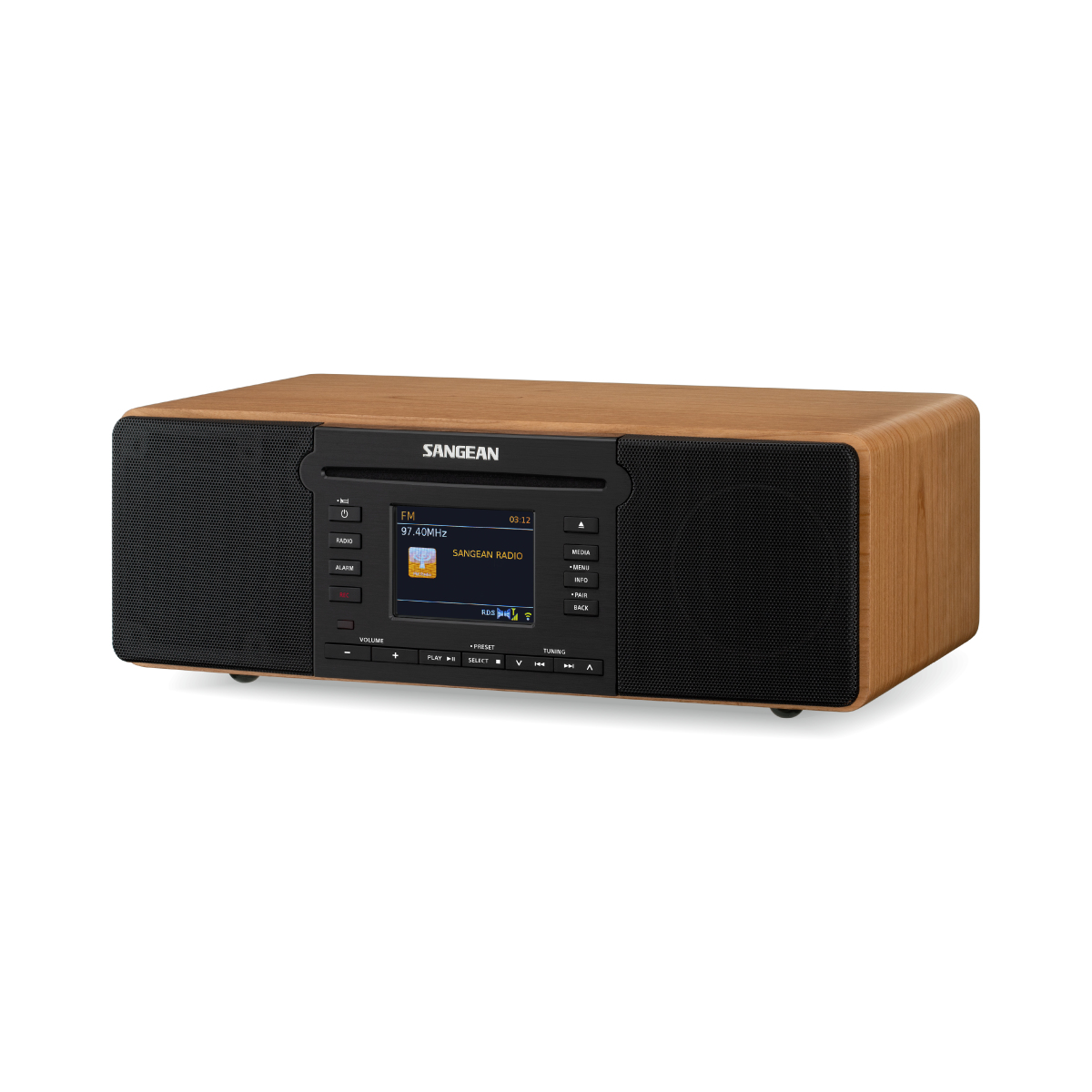 Una radio marrone e nera con schermo. La radio è su sfondo bianco.