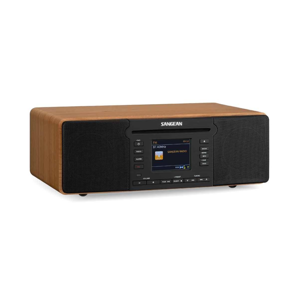 Uno stereo marrone e nero con lettore CD e display. Lo stereo è su sfondo bianco.