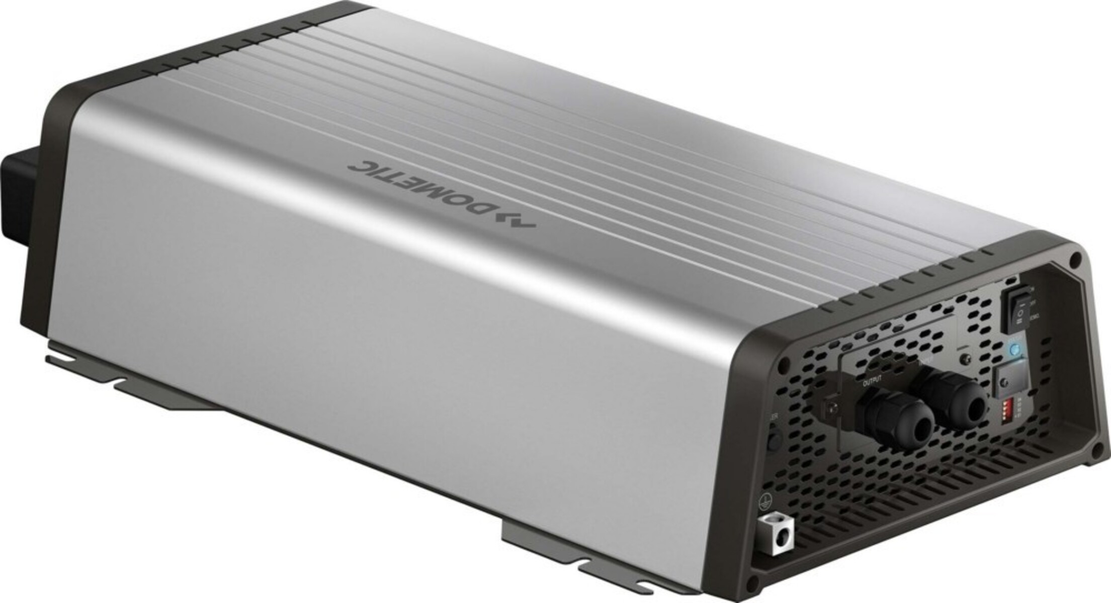 Inverter argento e grigio. Il dispositivo ha un logo Dometic e porte.
