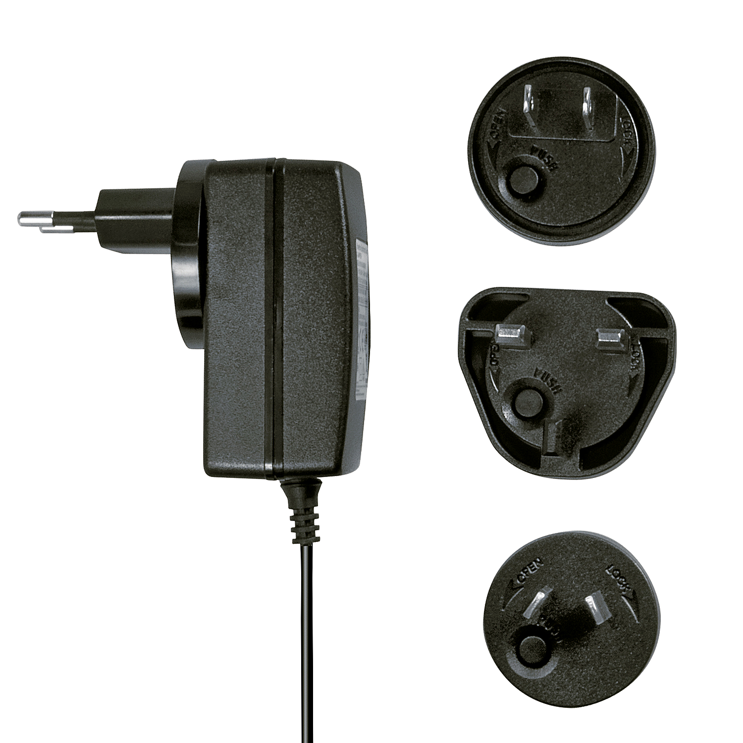 Schwarzes Netzteil mit mehreren austauschbaren Steckeraufsätzen. Die Stecker sind schwarz.