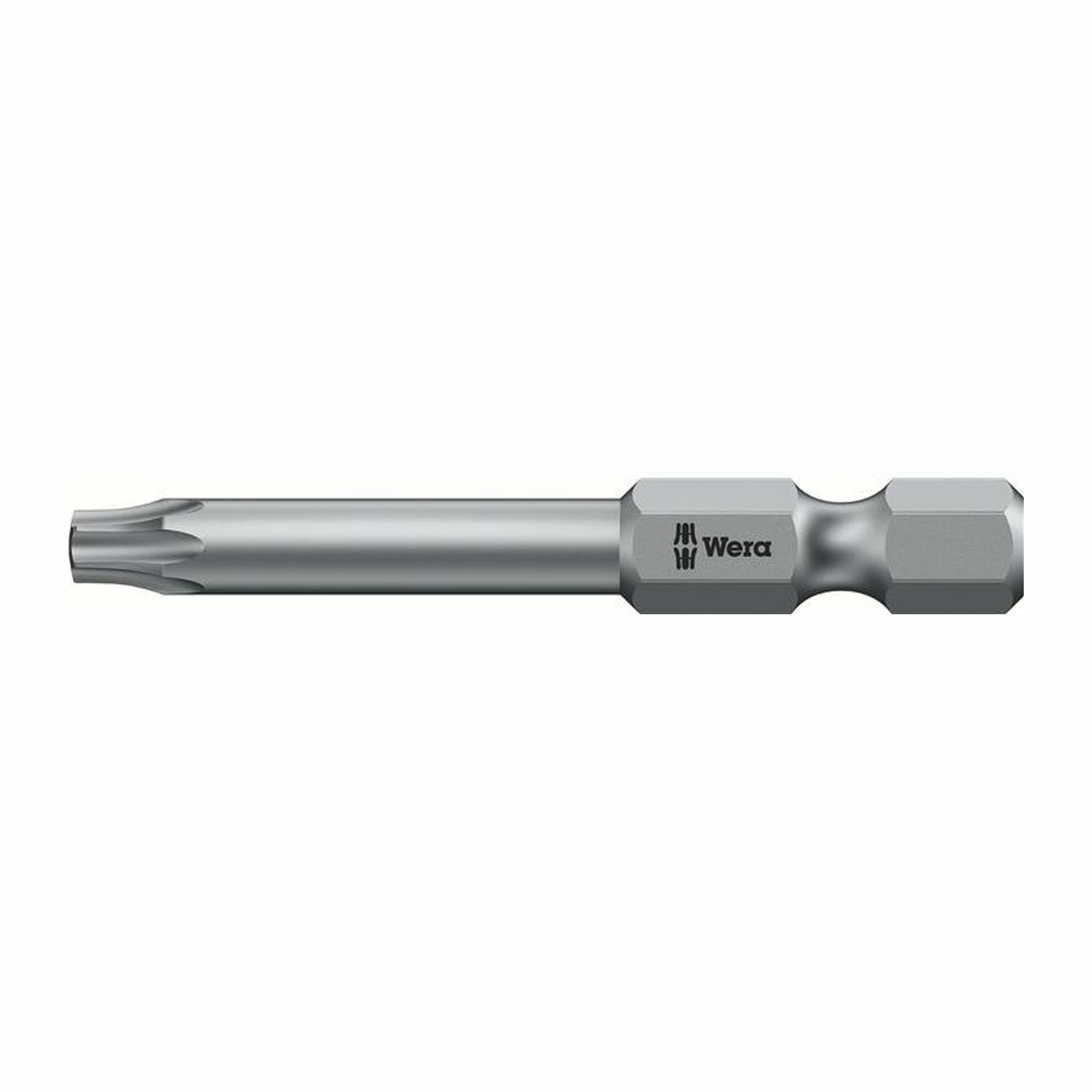 Ein grauer Wera Torx-Bit mit Wera-Logo und Text auf der Seite, auf weißem Hintergrund.