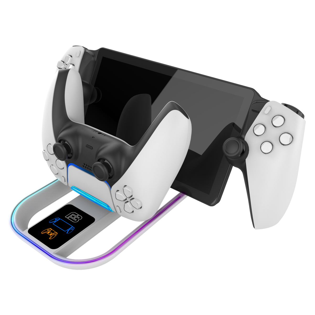 Una stazione di ricarica per controller di gioco bianca e nera con un tablet e una luce colorata.