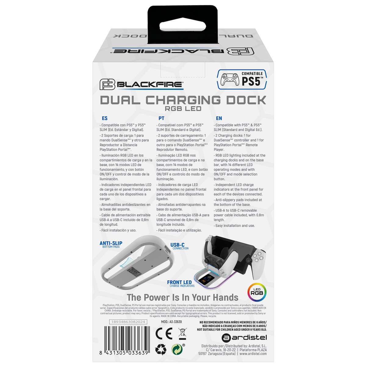 Scatola del dock di ricarica dual Blackfire per PS5, con dettagli, compatibilità e funzioni. Sfondo bianco.