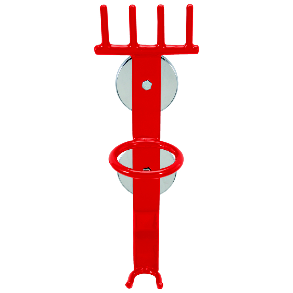 Portautensili in metallo rosso, con una parte superiore a forma di rastrello, una sezione centrale circolare e un gancio in basso.