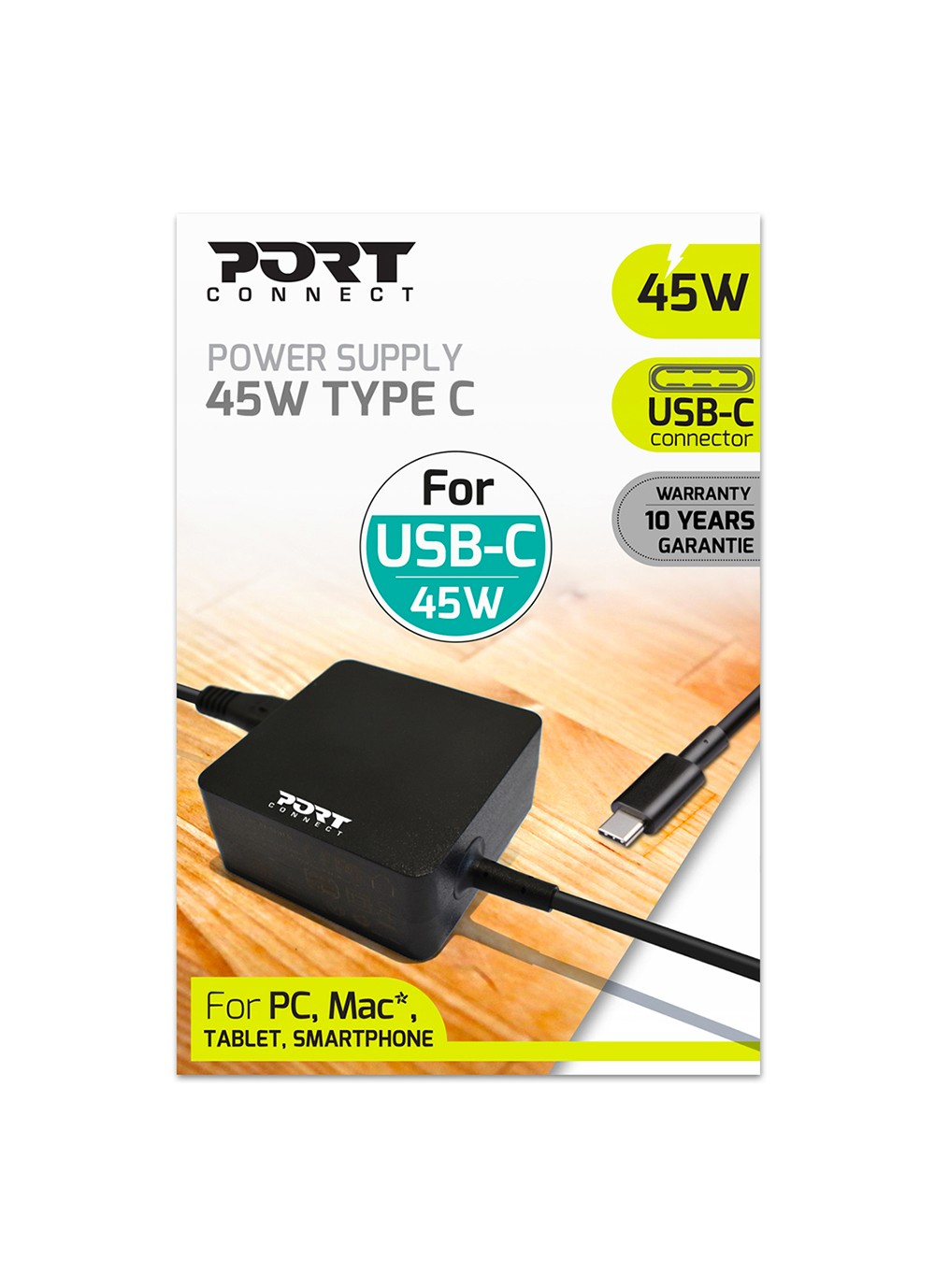 Un adattatore di alimentazione nero con connettore USB-C e sfondo bianco con testo sul prodotto.