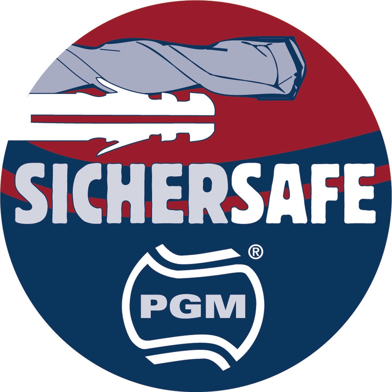 Ein rundes Logo mit dem Text SICHERSAFE über PGM, mit einem Bohrer-Symbol.