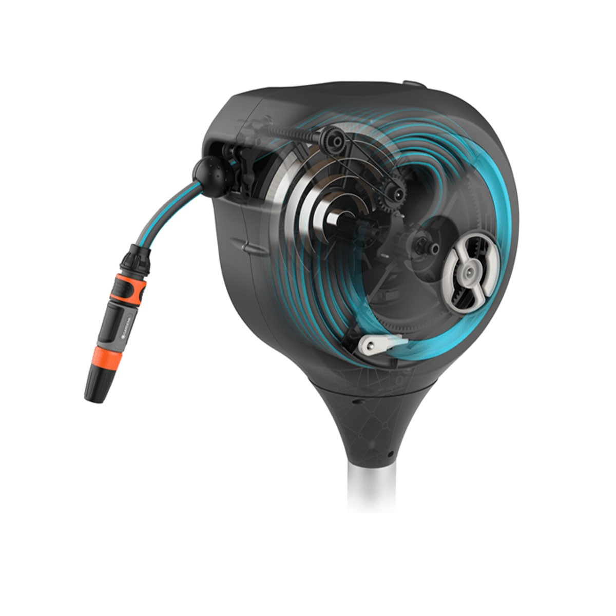 Schnittansicht einer Gartenschlauch-Trommel, die den internen Mechanismus mit blauen und silbernen Komponenten zeigt.