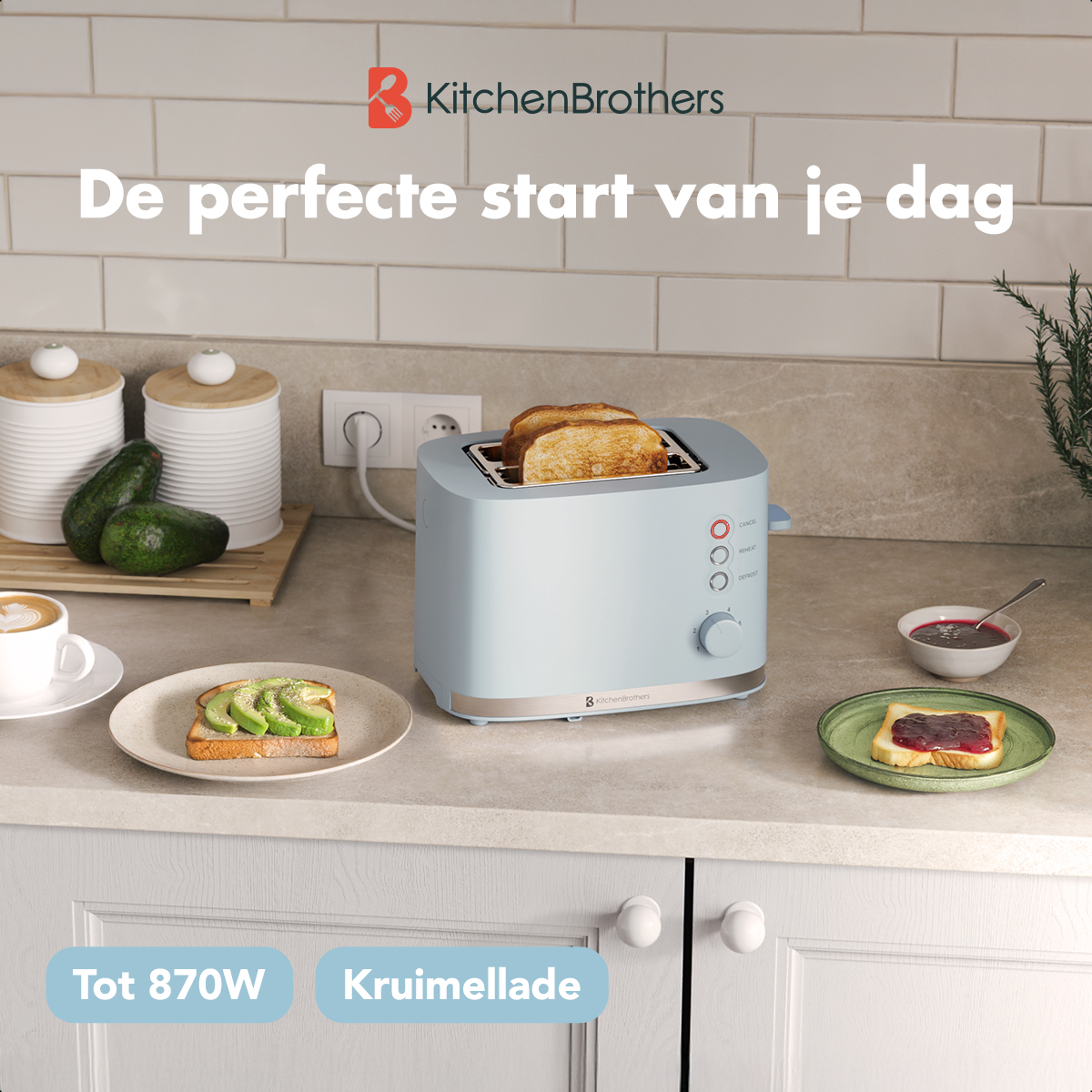 A light blue toaster sits on a countertop with toast, avocado, jam, and the KitchenBrothers logo.