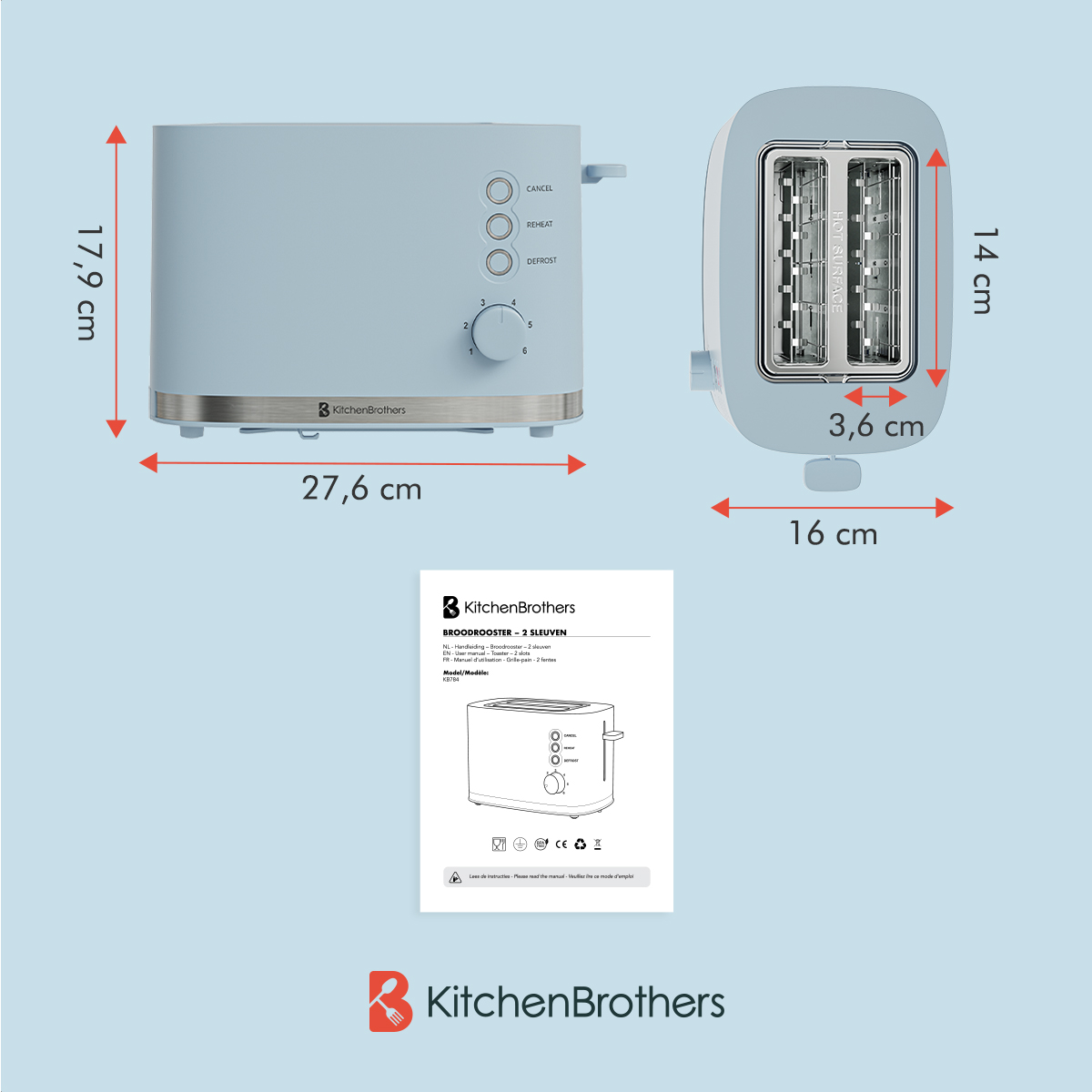 A blue toaster with dimensions. A white paper with dimensions and logo. The toaster is blue.