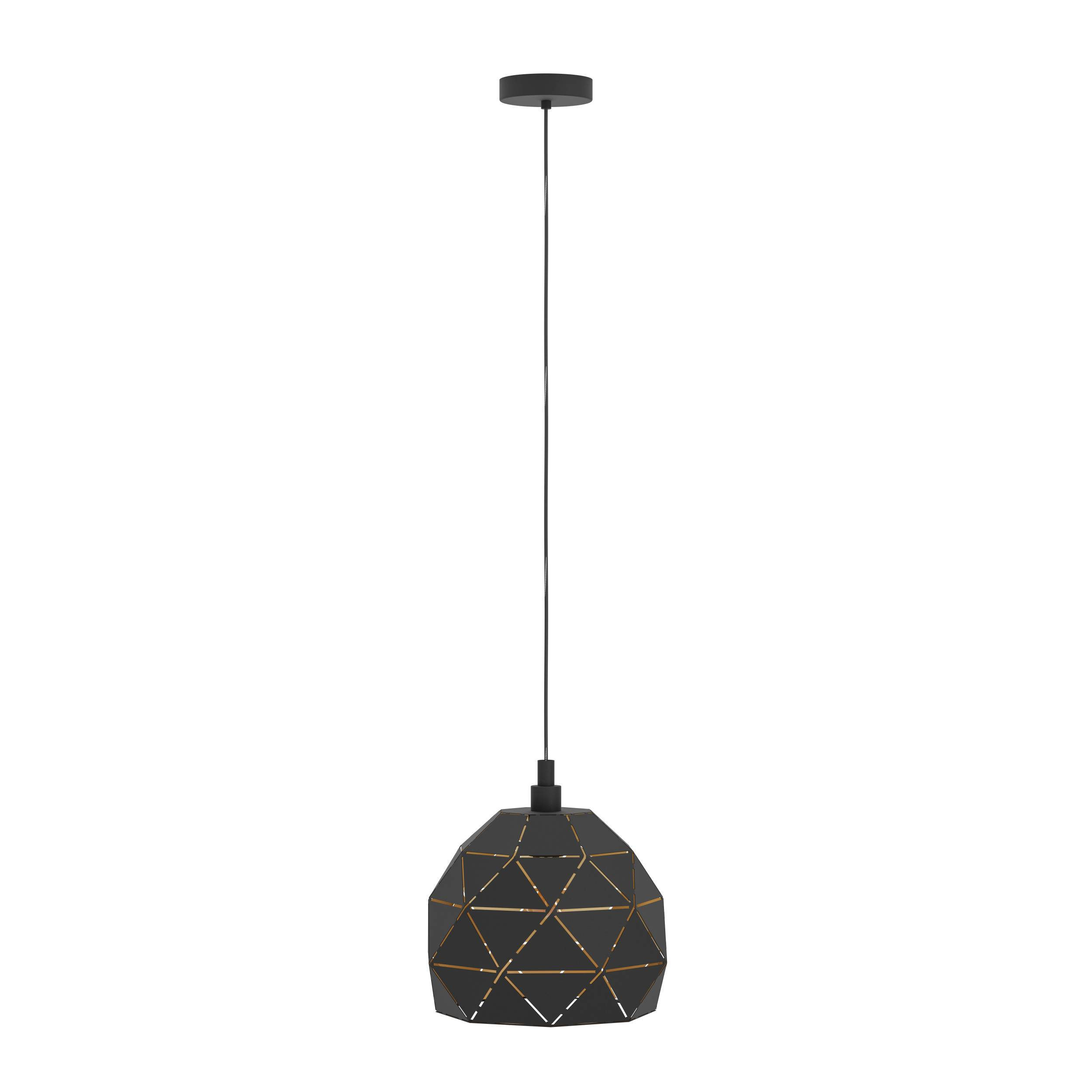 Una lámpara colgante geométrica negra y dorada que cuelga de un cable negro. El fondo es blanco.