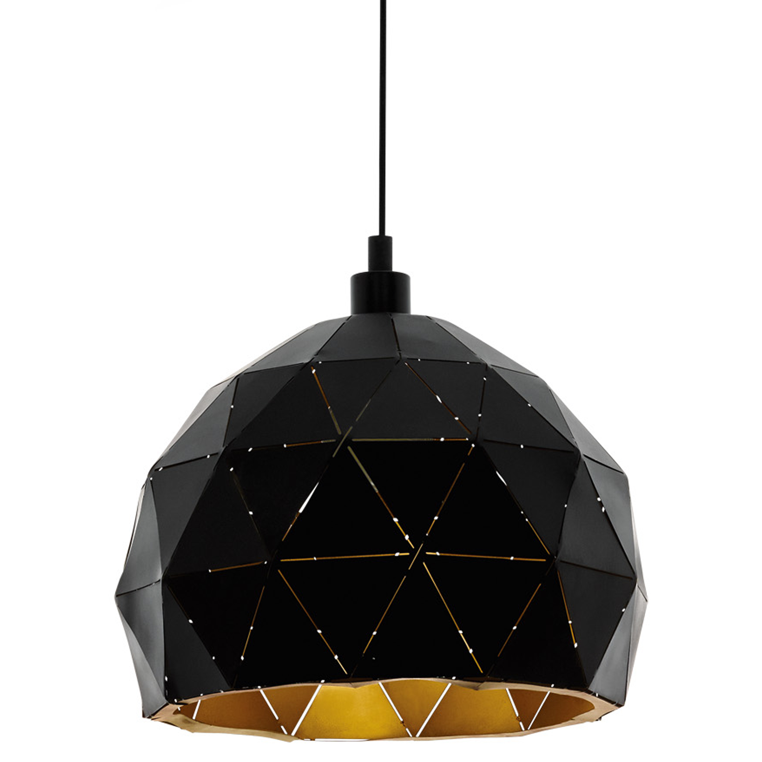 Una lámpara colgante geométrica negra con interior dorado y un cable negro colgando del techo.