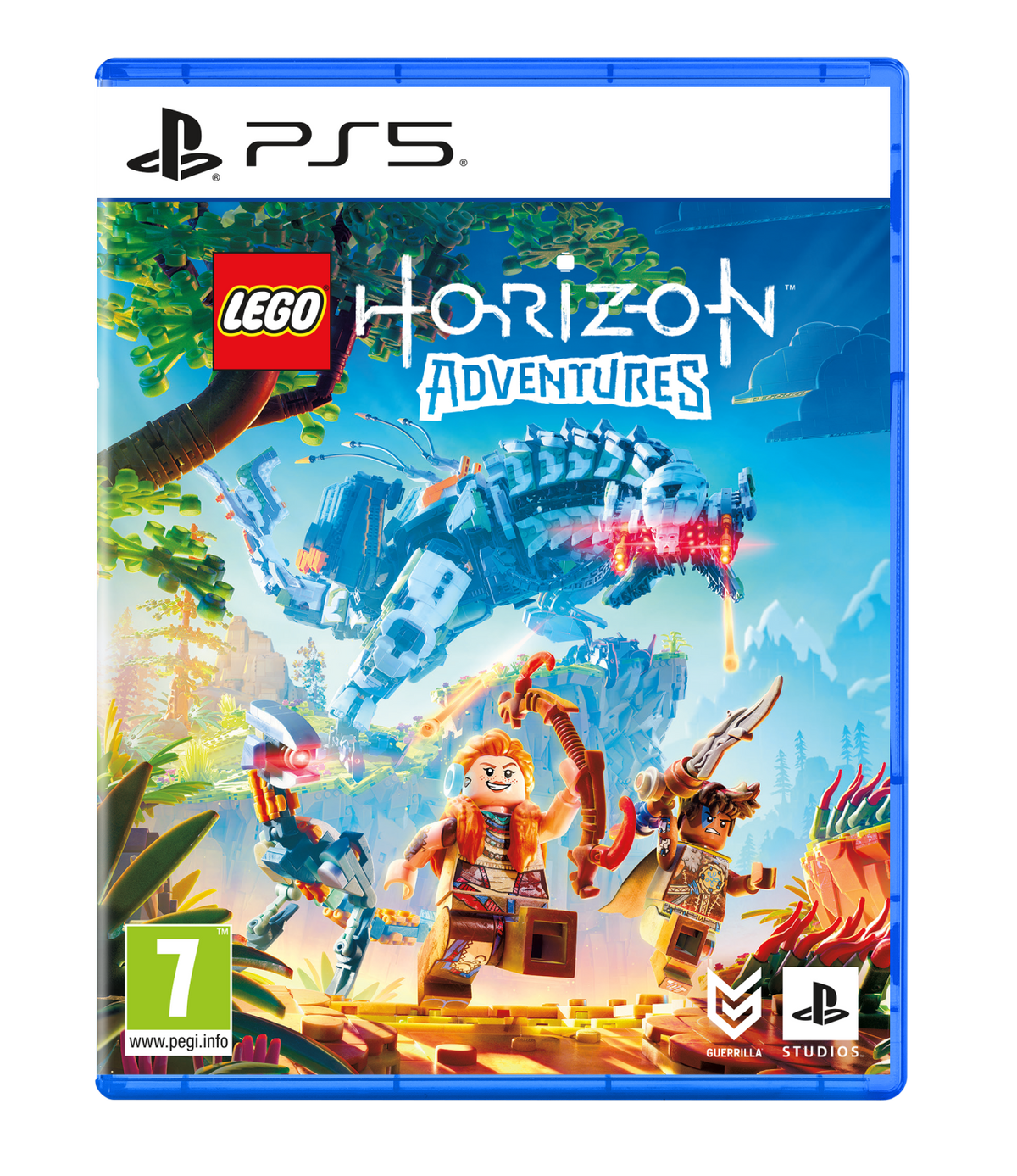 Caja del juego de PS5 para LEGO Horizon Adventures. Muestra figuras LEGO en un paisaje colorido.