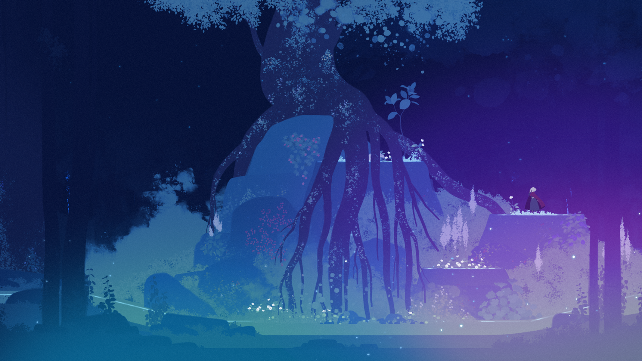 Una ilustración de un gran árbol con raíces. Una figura está sobre una plataforma. La escena es oscura con tonos azules.