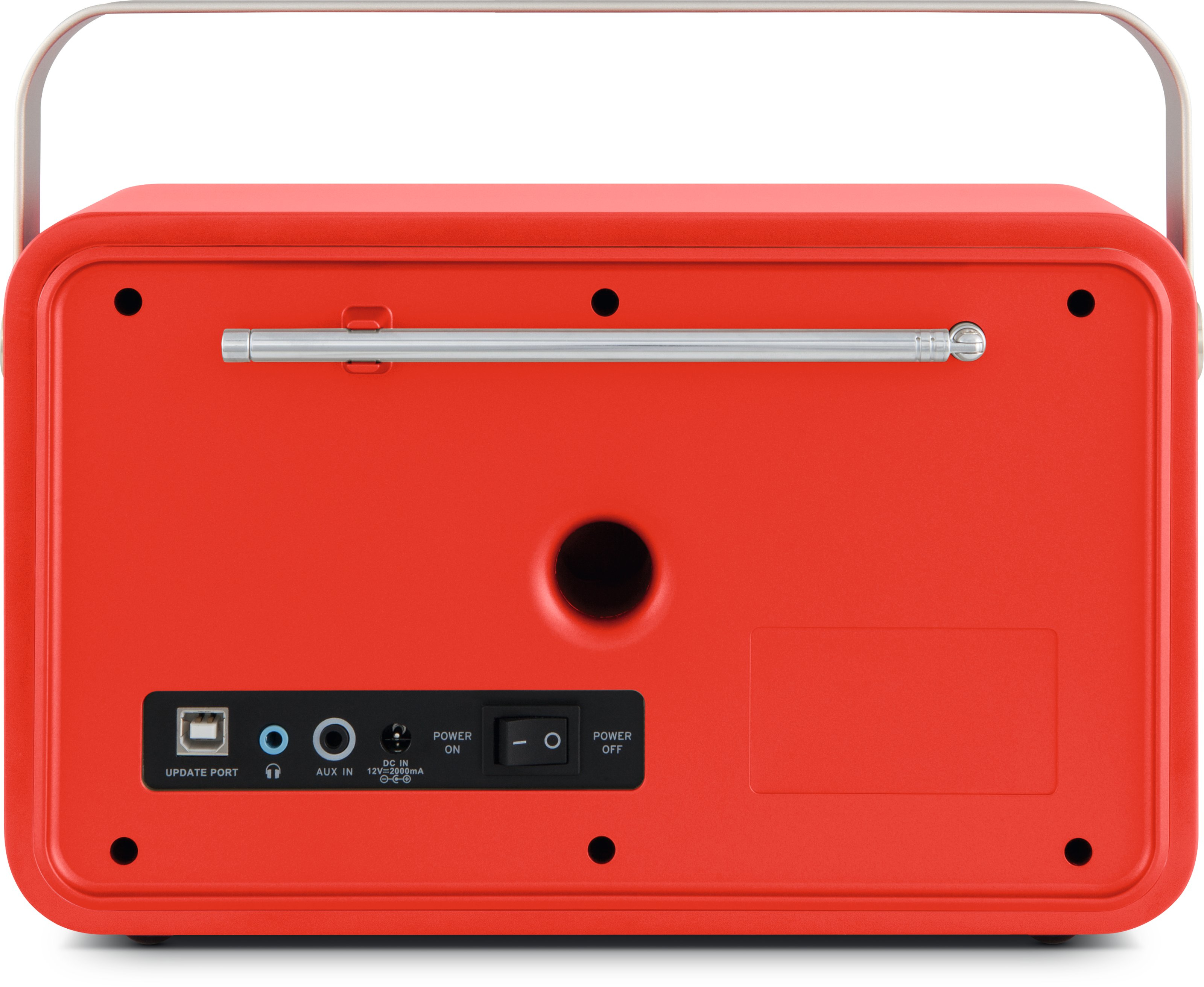 Il retro di una radio rossa. Ha una maniglia, un'antenna, una porta USB e ingressi di alimentazione e aux.