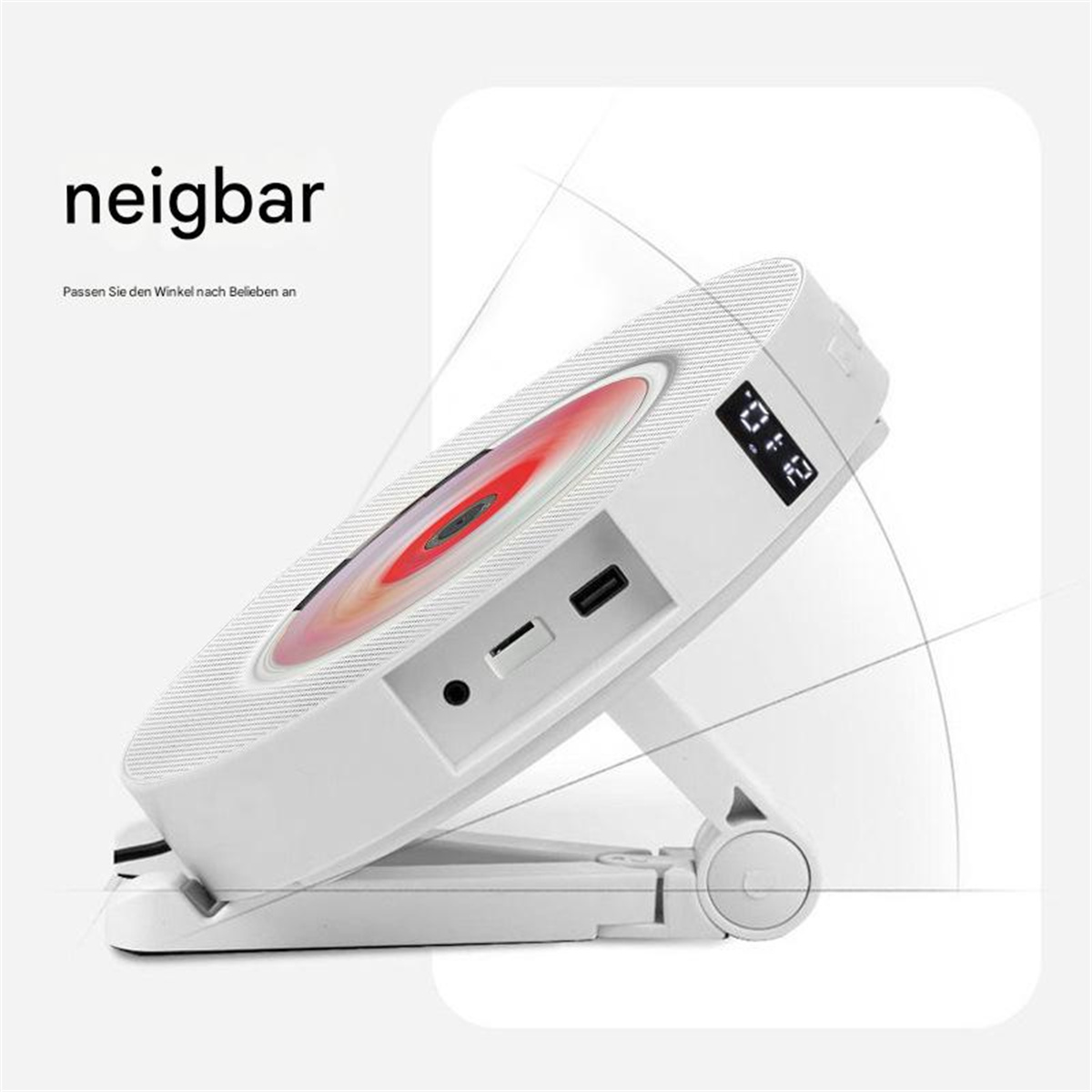Weißer tragbarer CD-Player mit integriertem Display, auf einer Oberfläche angewinkelt.