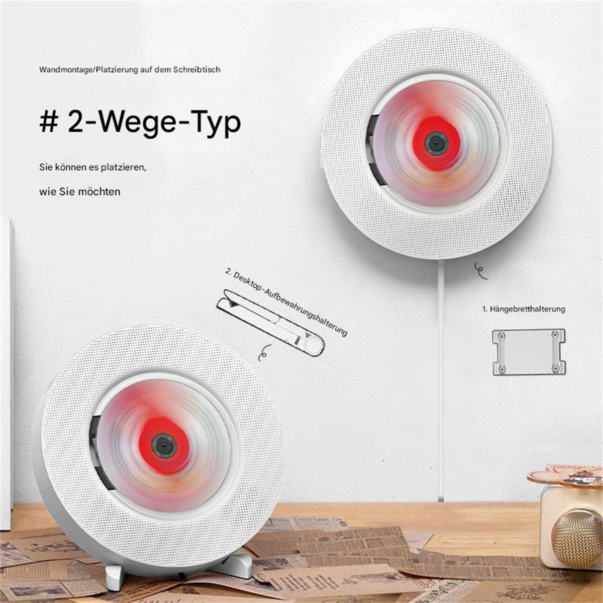 Zwei weiße CD-Player mit Details für Desktop und Aufhängung.