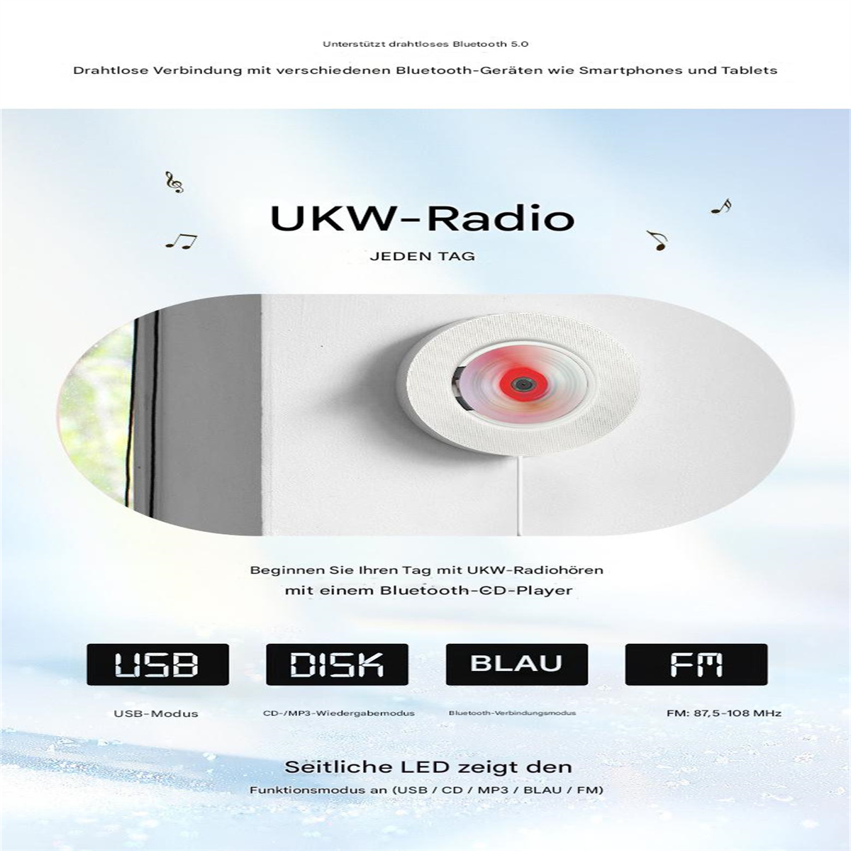 CD-Player mit USB-, Disk-, Bluetooth- und UKW-Radio-Symbolen.