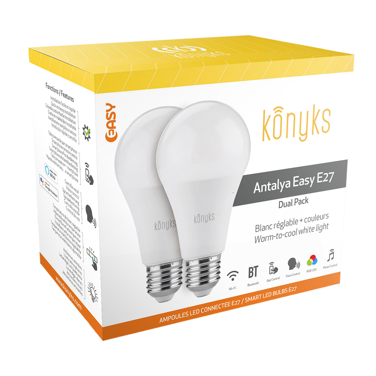 Scatola con due lampadine LED Konyks Antalya Easy E27 che mostra le caratteristiche del prodotto e il marchio. Sfondo bianco.