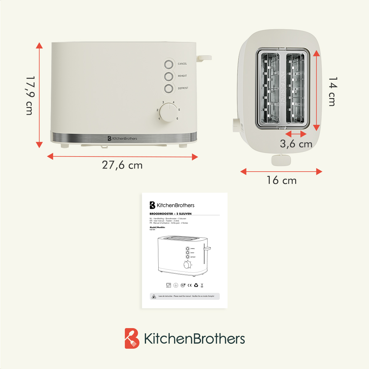 A diagram showing a toaster with dimensions (17.9cm x 27.6cm x 16cm).