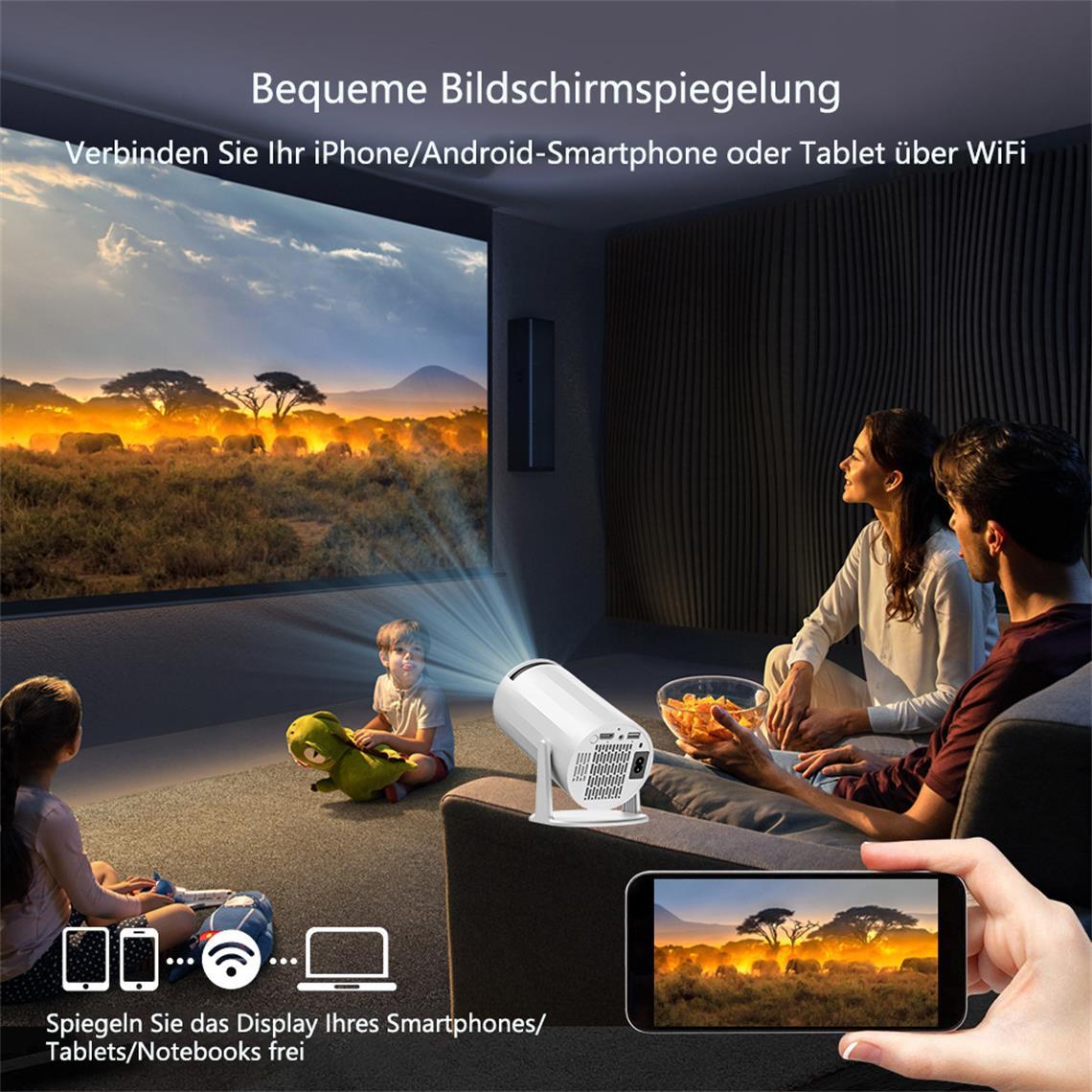 Eine Familie schaut sich ein projiziertes Bild auf einer Leinwand an, ein Telefon zeigt dasselbe Bild.