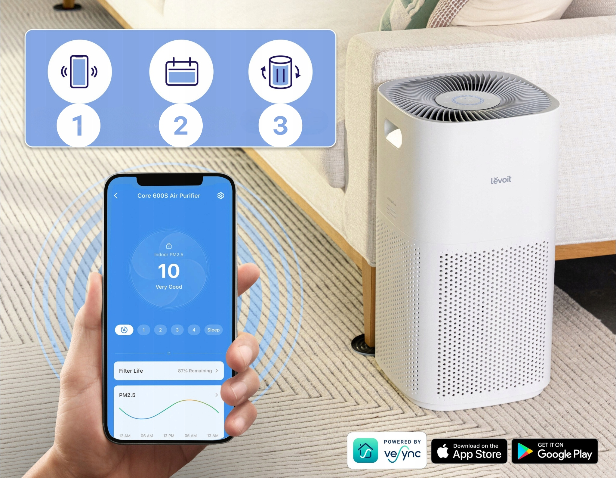 Oczyszczacz powietrza na dywanie, z aplikacją mobilną i dłonią trzymającą telefon.
