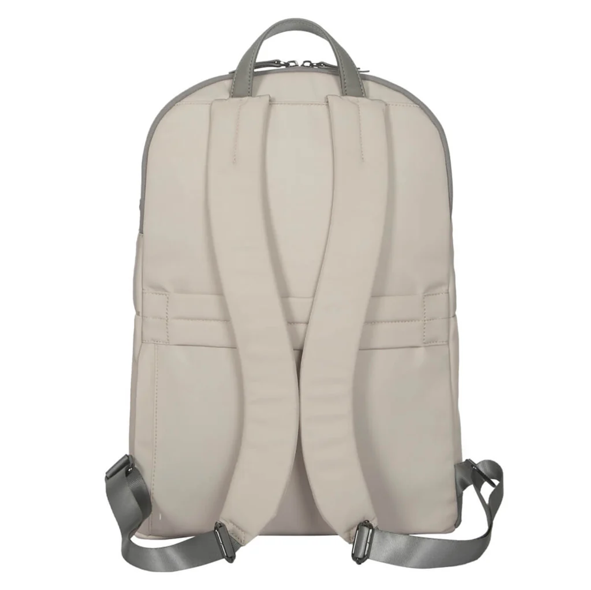 Rückansicht eines beigen Rucksacks mit grauen Akzenten und Riemen. Weißer Hintergrund.