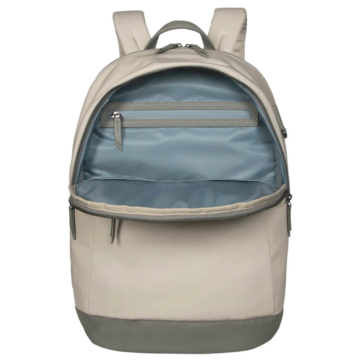 Beiger Rucksack mit offenem Reißverschluss, zeigt hellblaues Innere.