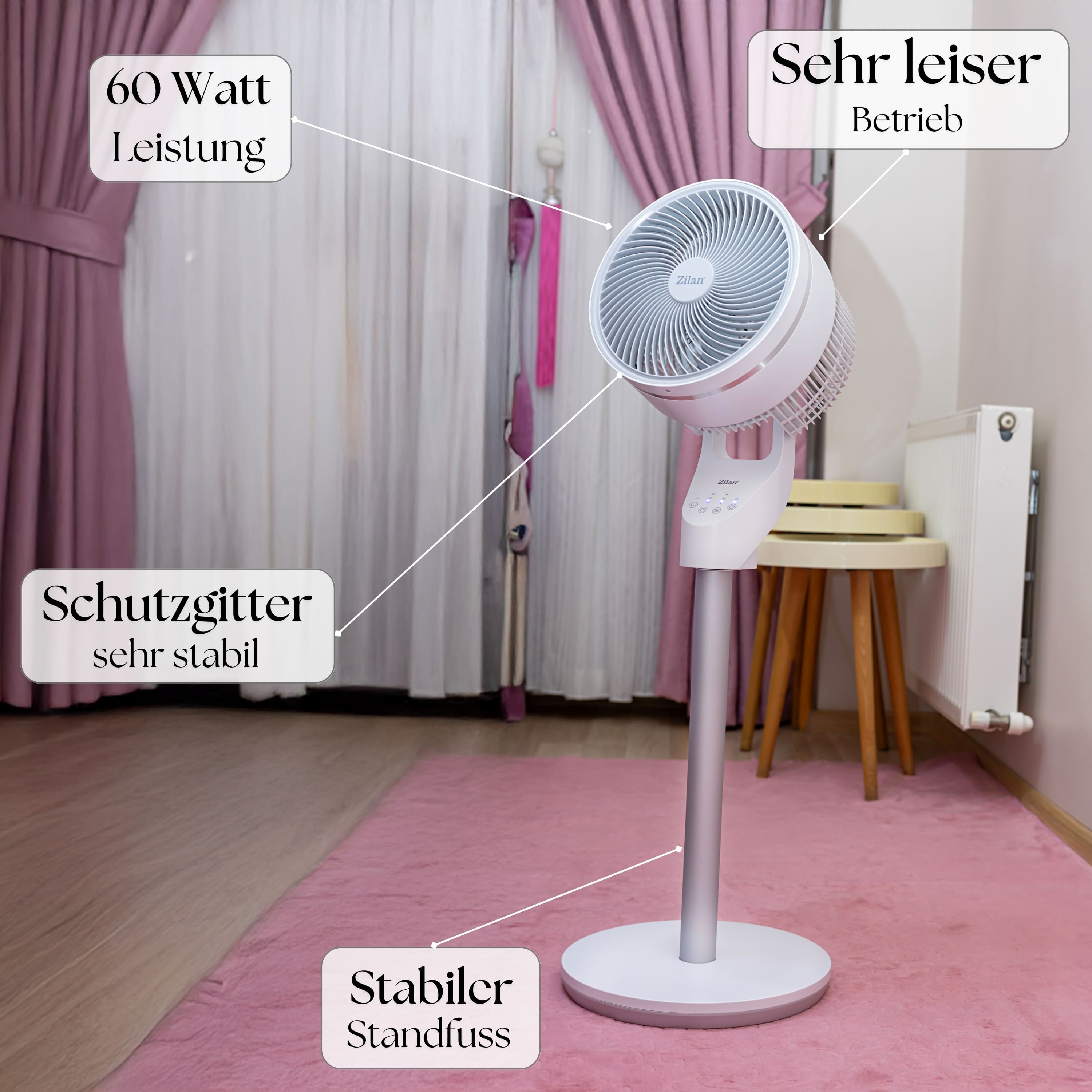 Almanca etiketli beyaz ve gümüş vantilatör, pembe zeminde.
