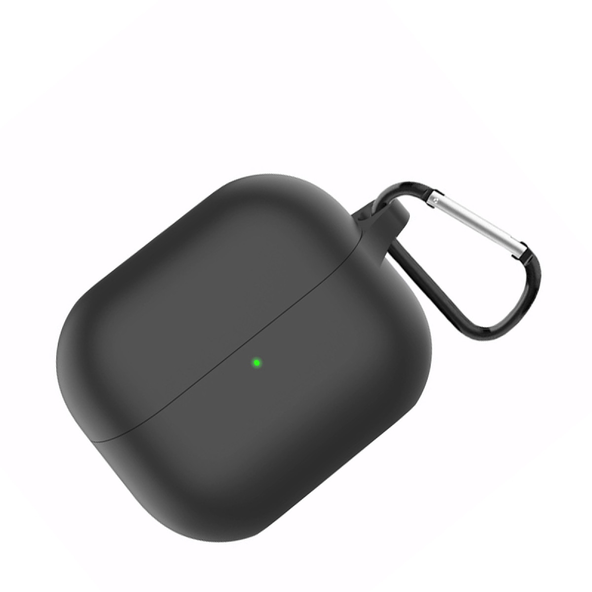 Eine schwarze AirPods-Hülle mit silbernem Clip. Die Hülle ist geschlossen und hat ein grünes Licht vorne.