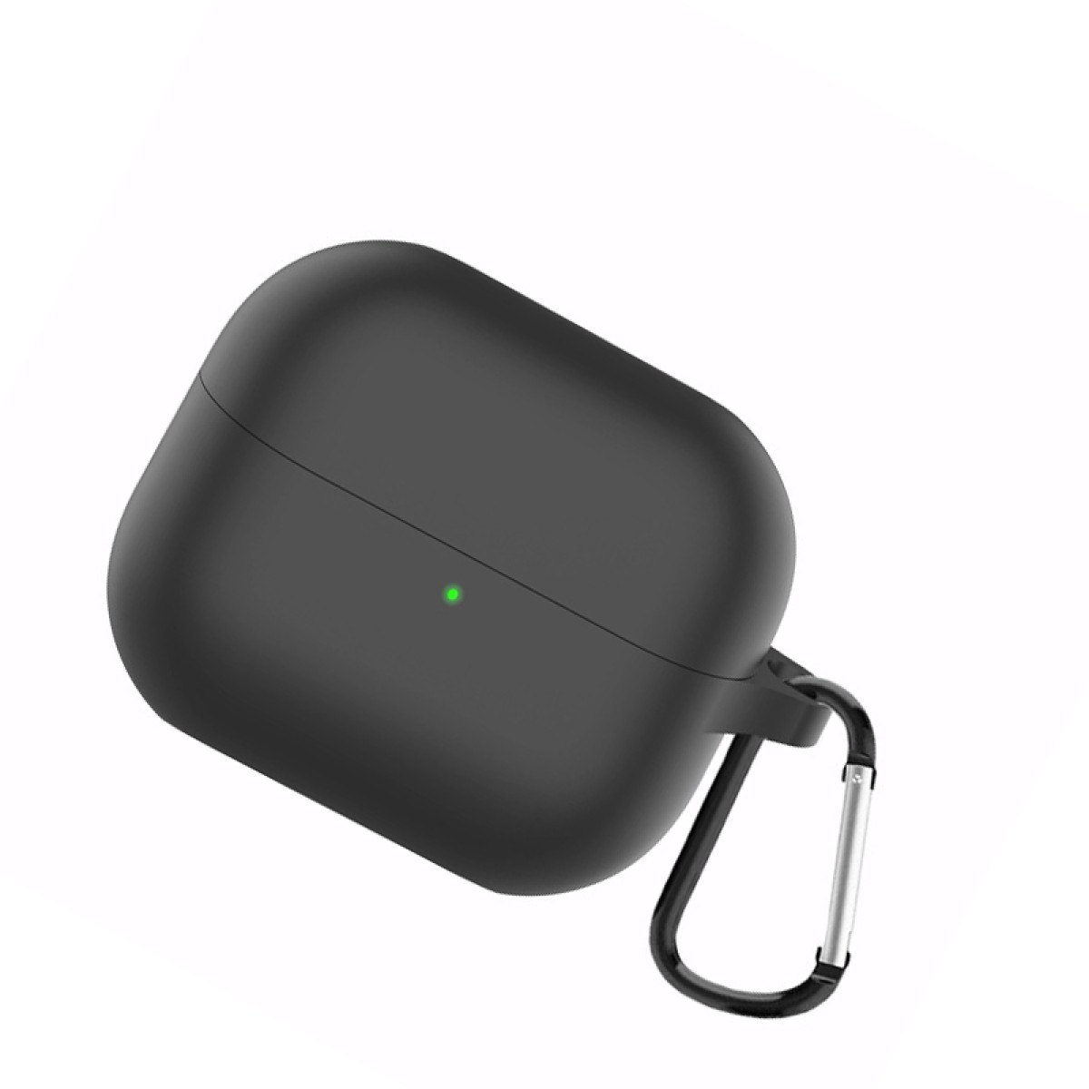 Eine schwarze AirPods-Hülle mit silbernem Clip. Die Hülle ist geschlossen und hat ein grünes Licht vorne.
