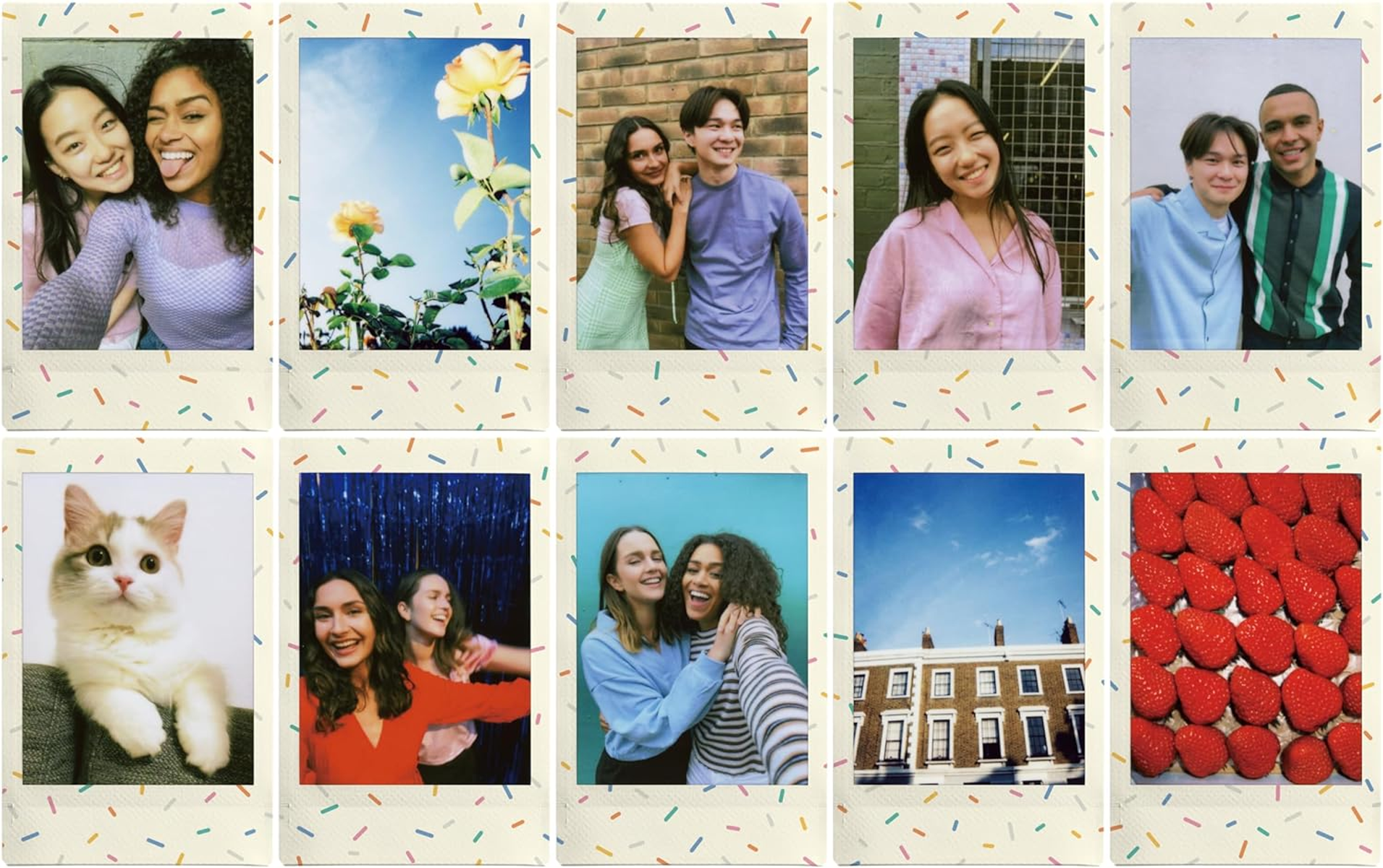 Dziesięć zdjęć w stylu polaroid. Tematy: ludzie, kwiaty, kot, budynki. Obramowania zdobione konfetti.