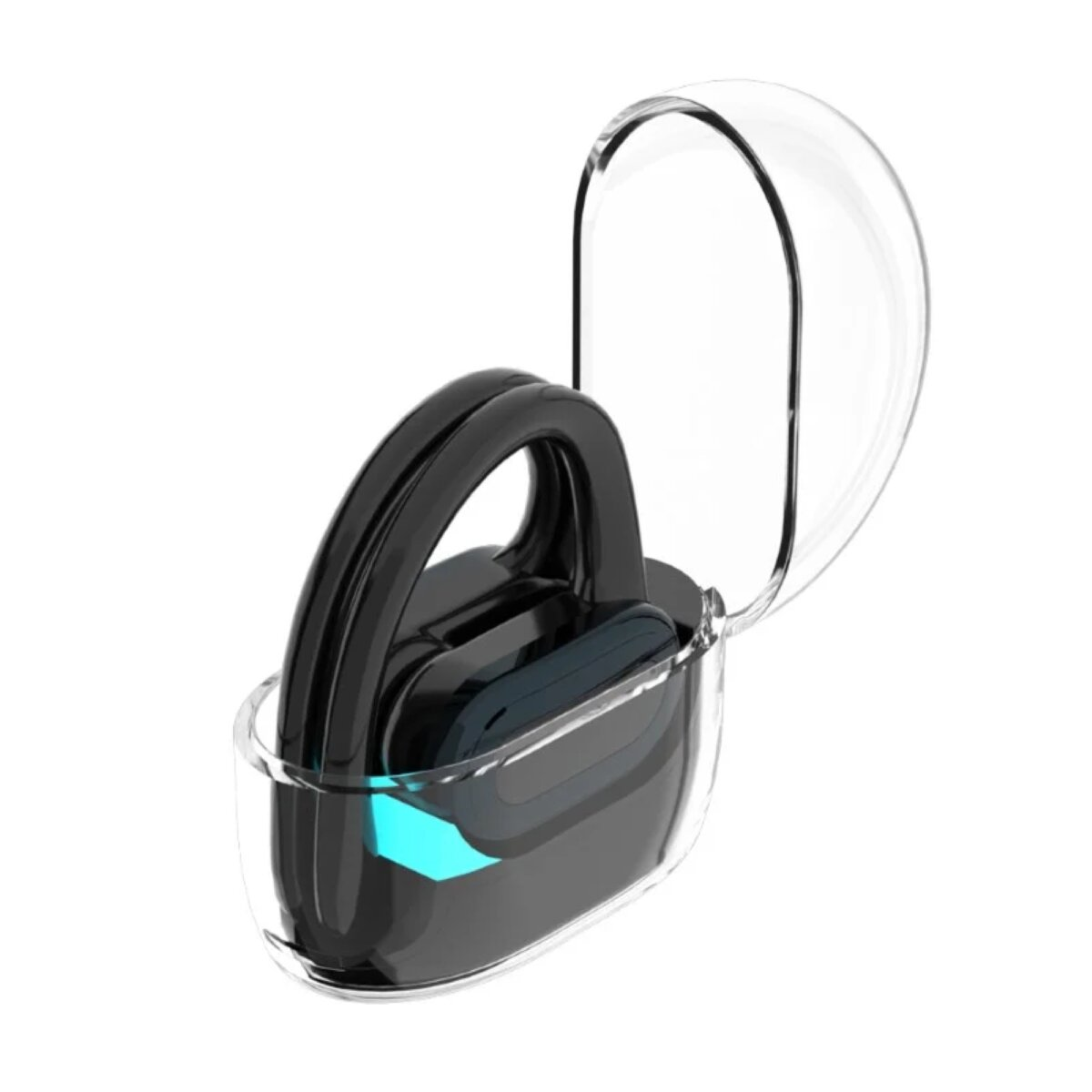 Auricolari in una custodia trasparente con custodia di ricarica nera, aperta, che mostra una luce blu.