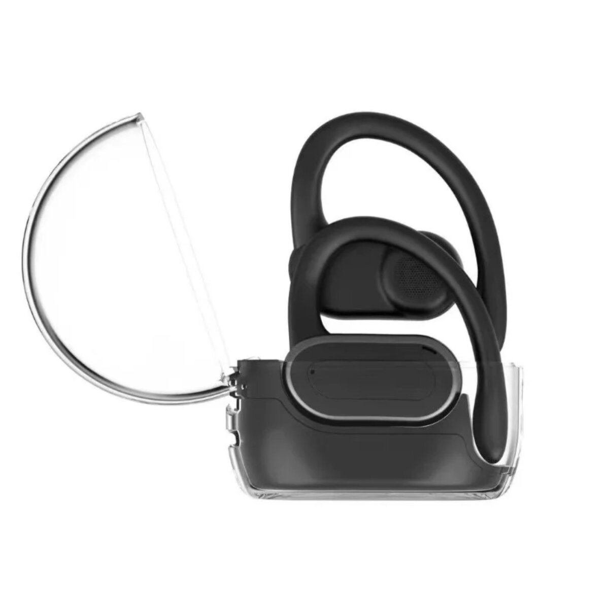 Auricolari neri in una custodia trasparente.