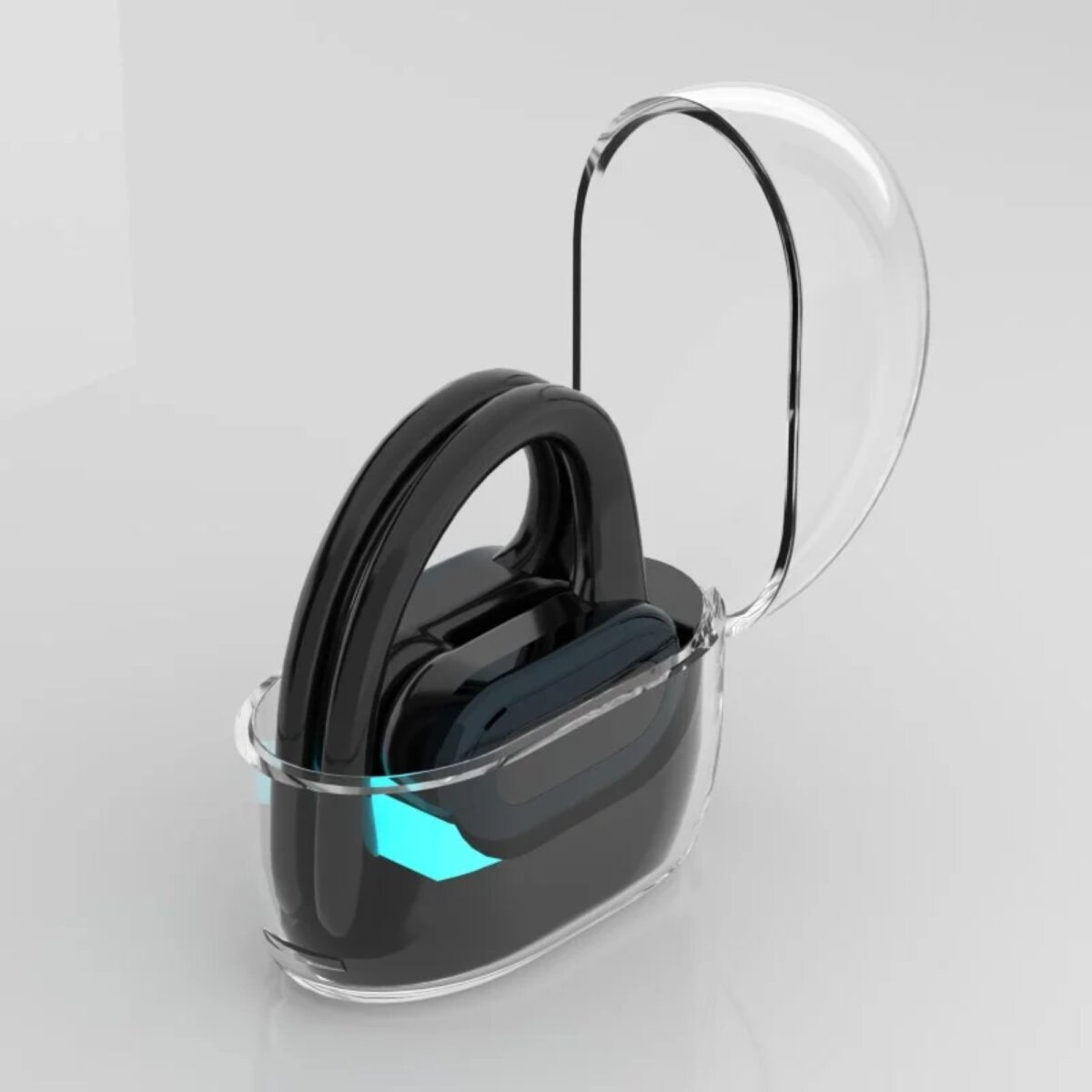 Auricolari in una custodia trasparente con custodia di ricarica nera, aperta, che mostra una luce blu.