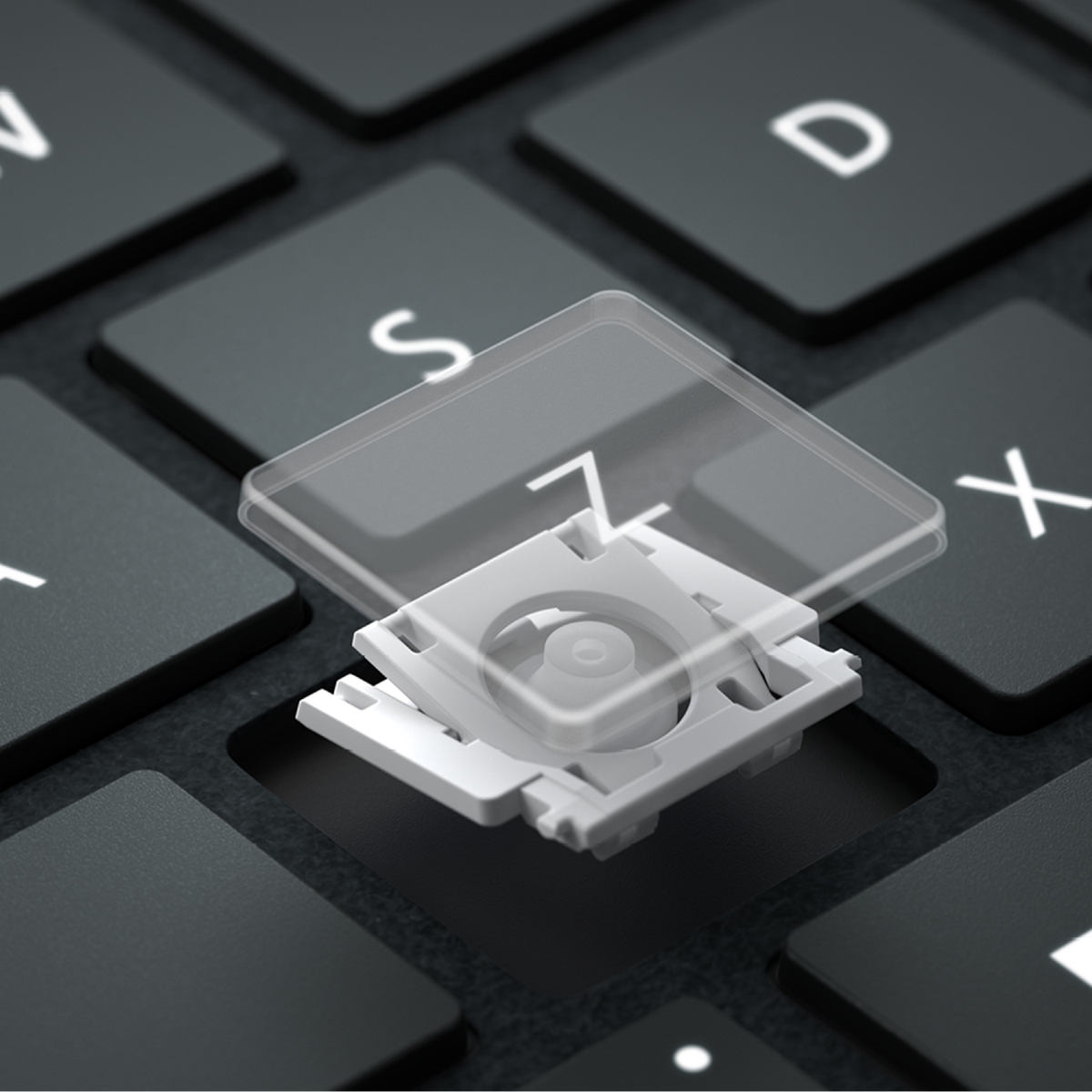 Primer plano de una tecla del teclado, con la tecla Z resaltada. La tecla es transparente.