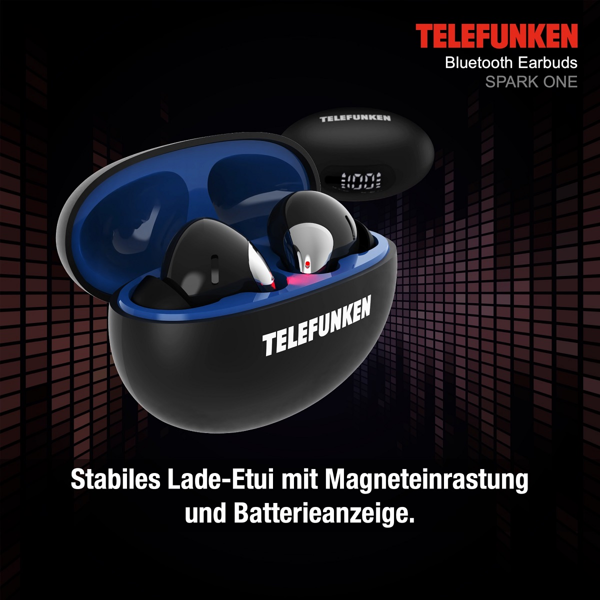 Zwei schwarze und silberne Ohrhörer in einem Ladeetui. Text sagt: „TELEFUNKEN Bluetooth-Ohrhörer SPARK ONE“.