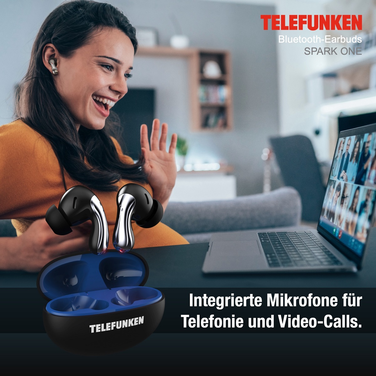 Frau benutzt Ohrhörer mit Laptop und Person im Videoanruf.