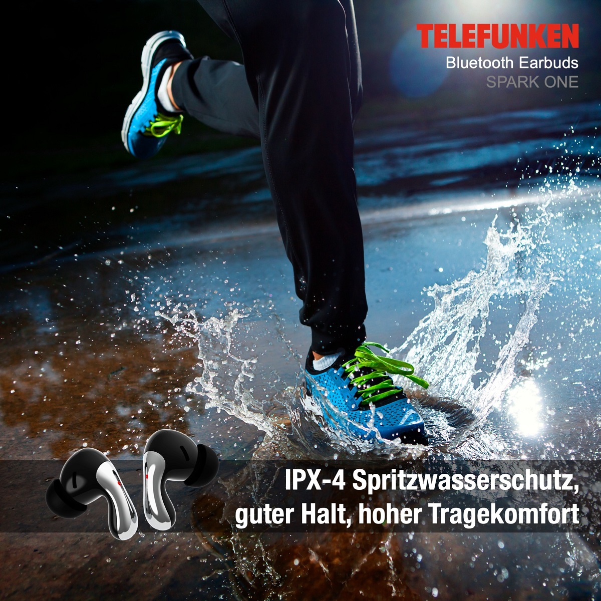 Person rennt mit blauen Schuhen und schwarzen Ohrhörern. Wasser spritzt. Text erwähnt Wasserschutz.