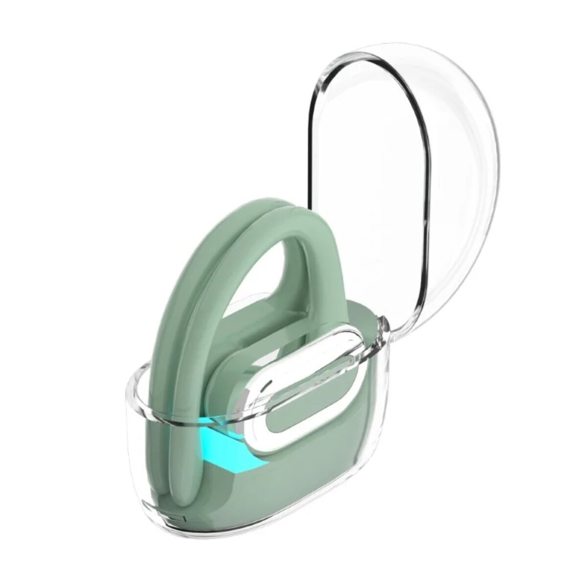 Cuffie verdi in una custodia trasparente su sfondo bianco.