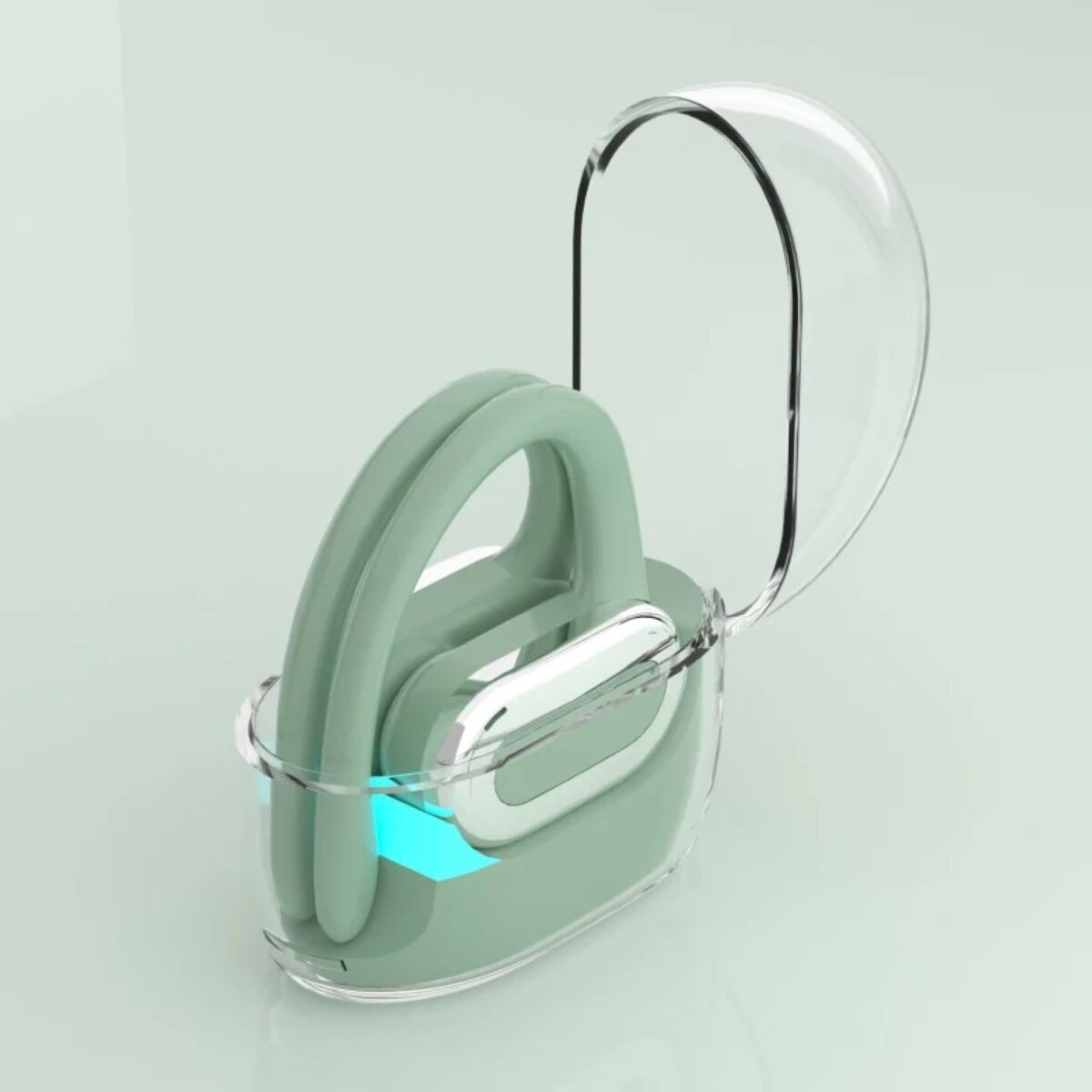 Cuffie verdi in una custodia trasparente su sfondo verde chiaro.