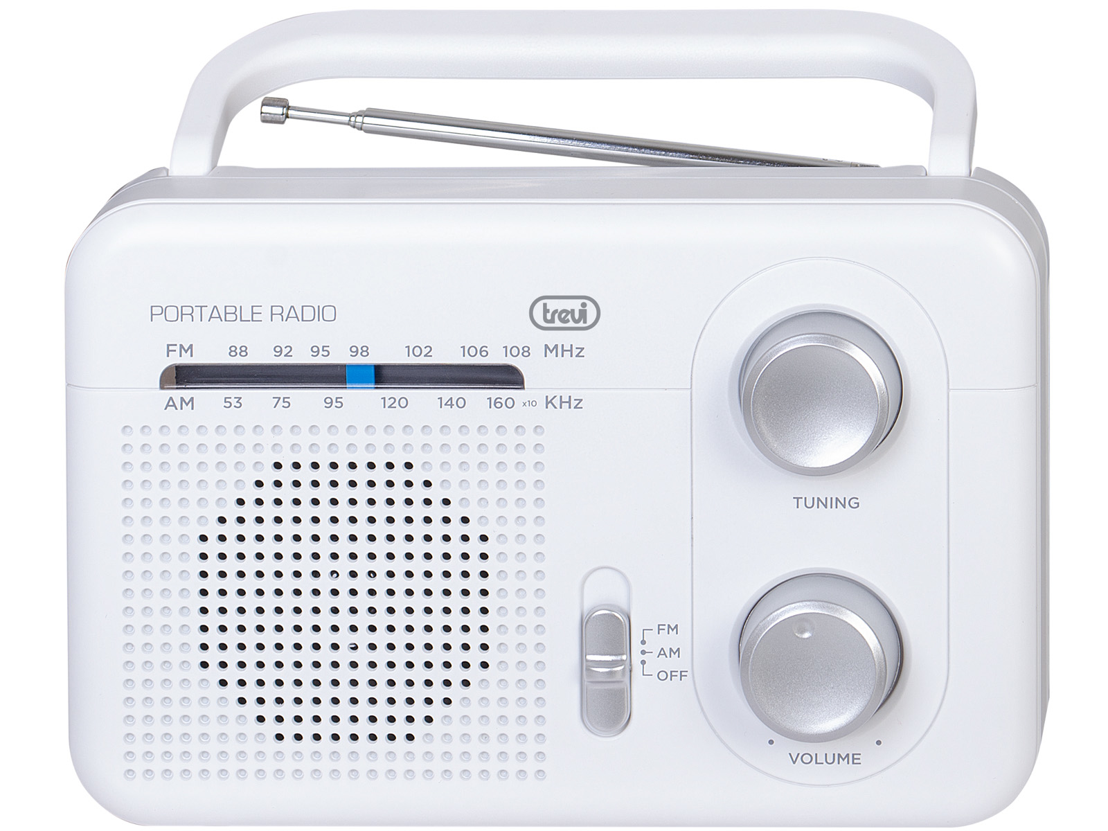 Ein weißes tragbares Radio mit zwei Drehknöpfen und einem Lautsprecher. Es hat einen Griff und eine kleine Antenne.