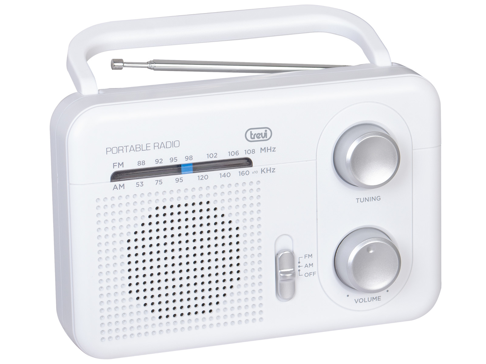 Ein weißes tragbares Radio mit Griff, Drehreglern und einer Skala für UKW- und MW-Frequenzen.