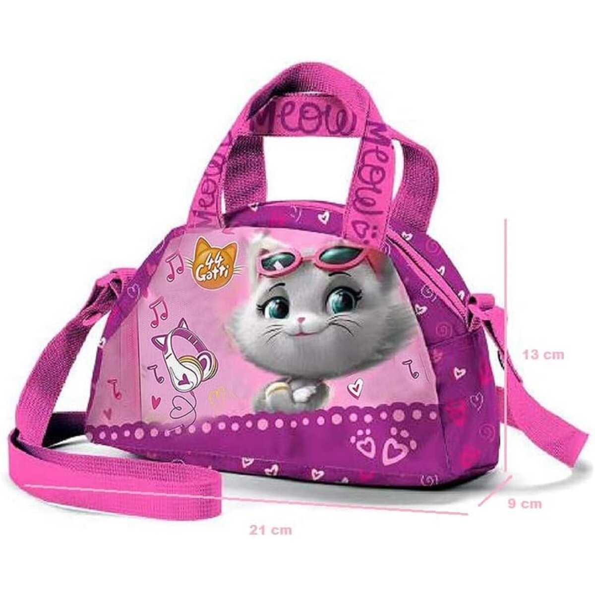 Eine rosa Tasche mit Katzenthema, Griff und Schultergurt. Ein Cartoon-Katzenkopf ist in der Mitte.