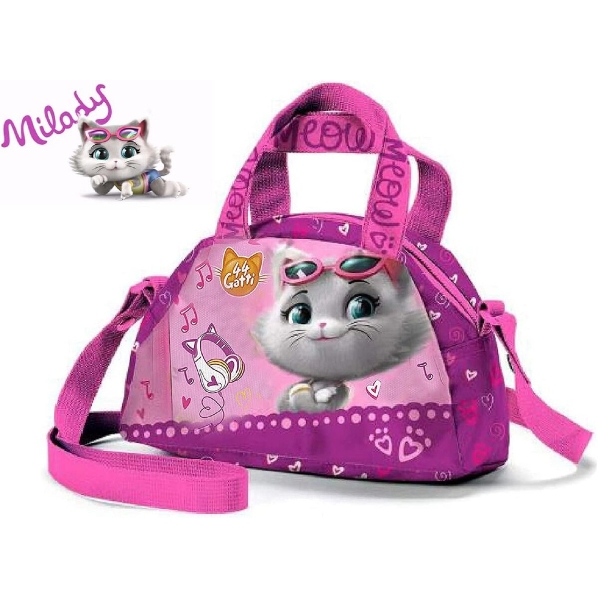 Rosa Katze-Tasche mit Katzen-Illustration und kleinem Katzenbild daneben.