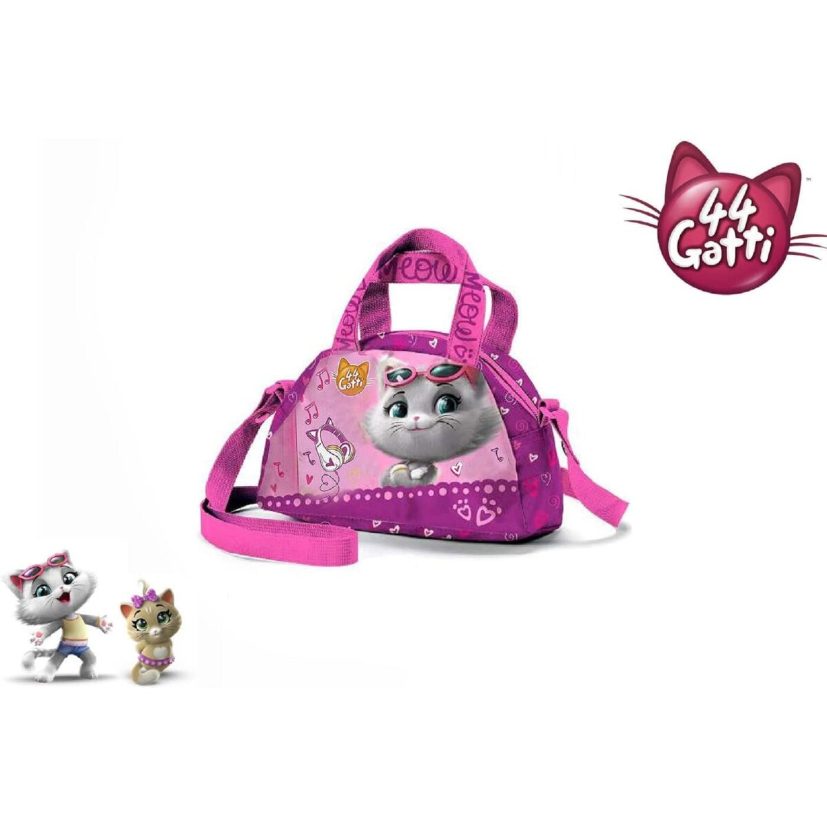Rosa Katzentasche mit Katzenillustration und zwei Katzenfiguren auf weißem Grund.