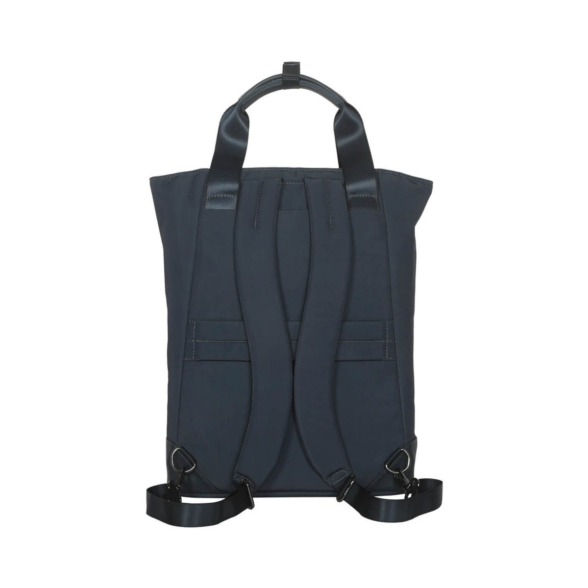 Ein dunkelblauer Rucksack mit zwei Schultergurten. Die Rückseite hat zwei Taschen und zwei Ringe.